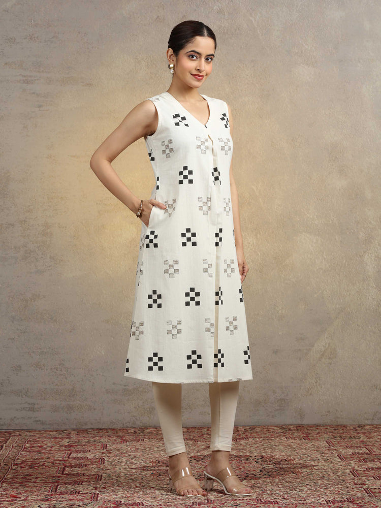 Off White Geometric Printed Cotton A-Line Kurta