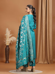 Teal Solid Straight Kurta With Pant Dupatta Ethnic Set