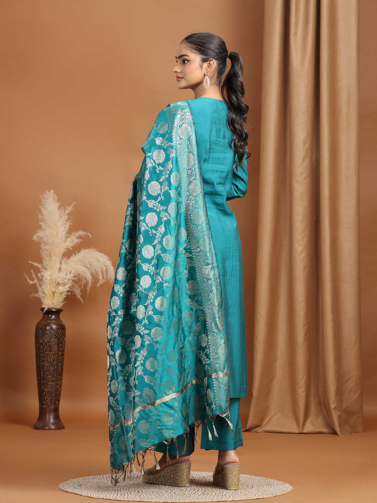 Teal Solid Straight Kurta With Pant Dupatta Ethnic Set
