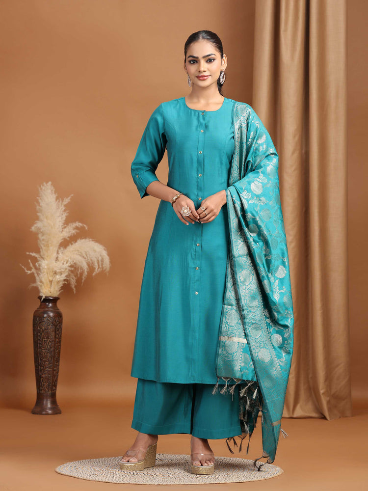 Teal Solid Straight Kurta With Pant Dupatta Ethnic Set