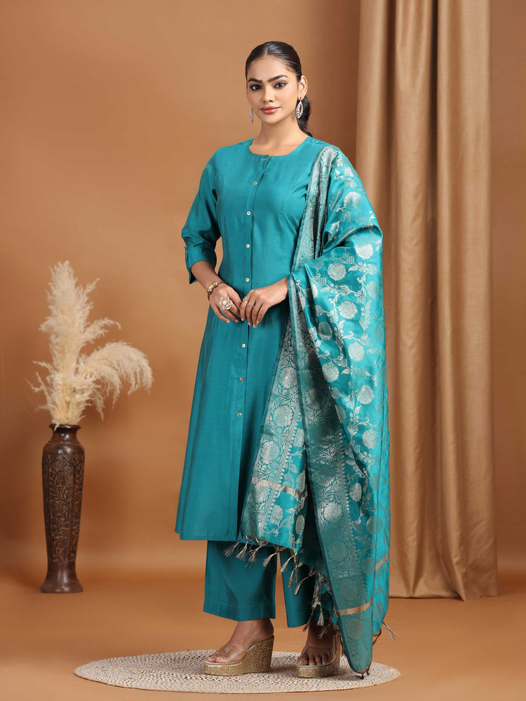 Teal Solid Straight Kurta With Pant Dupatta Ethnic Set