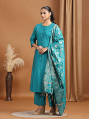 Teal Solid Straight Kurta With Pant Dupatta Ethnic Set
