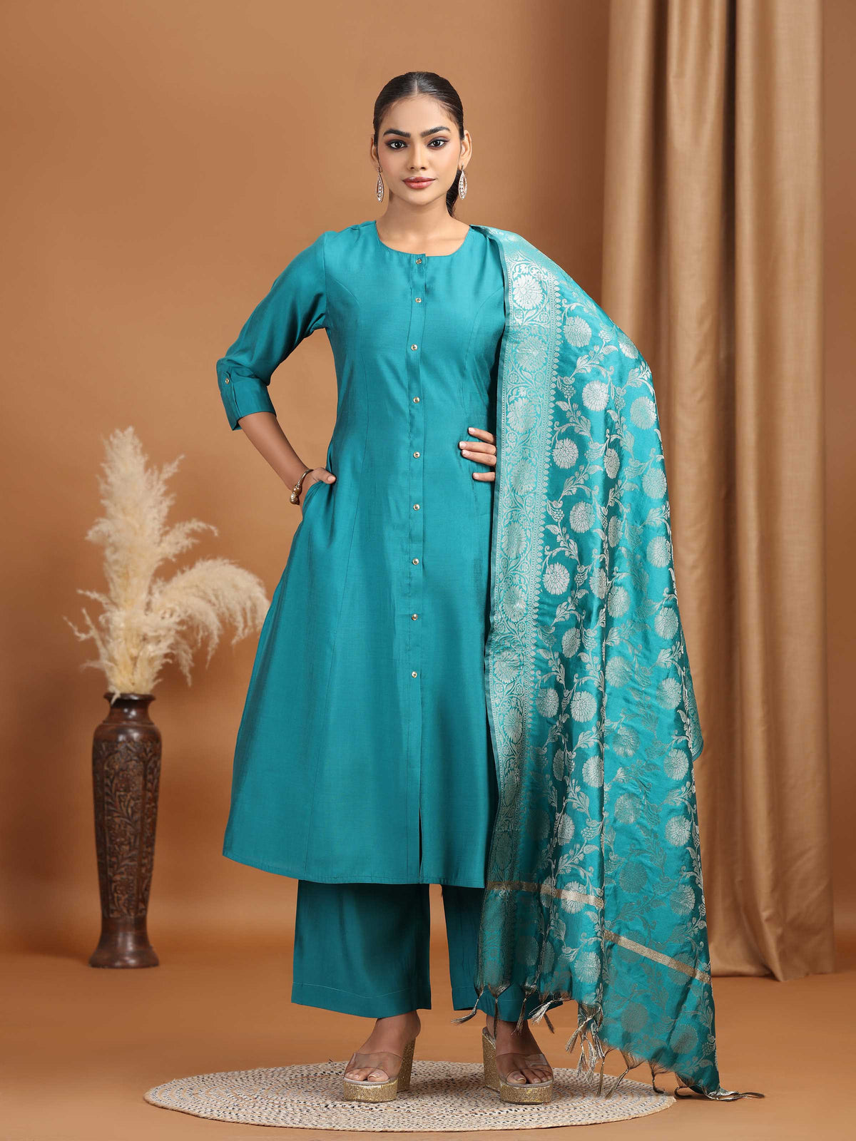 Teal Solid Straight Kurta With Pant Dupatta Ethnic Set