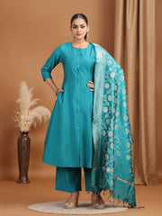 Teal Solid Straight Kurta With Pant Dupatta Ethnic Set