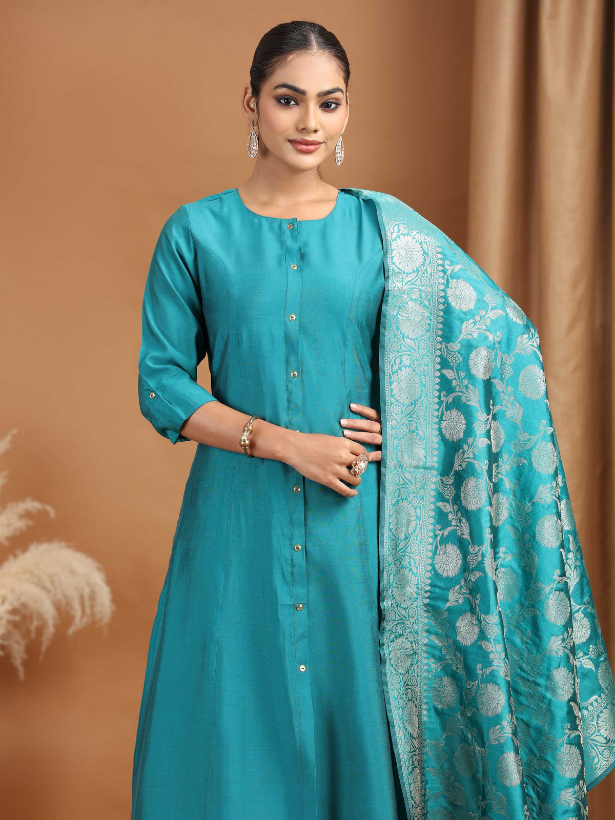 Teal Solid Straight Kurta With Pant Dupatta Ethnic Set
