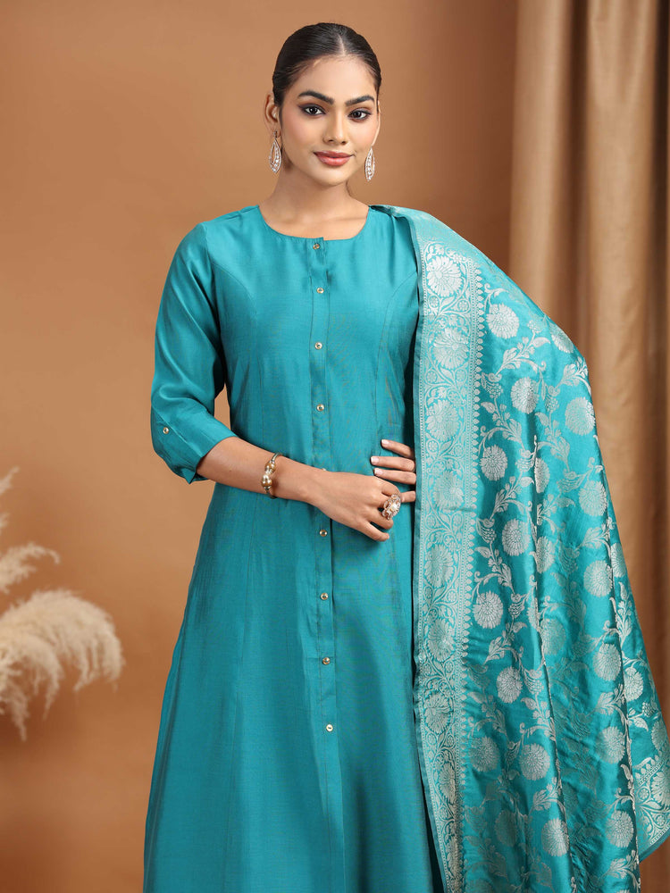 Teal Solid Straight Kurta With Pant Dupatta Ethnic Set