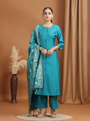 Teal Solid Straight Kurta With Pant Dupatta Ethnic Set