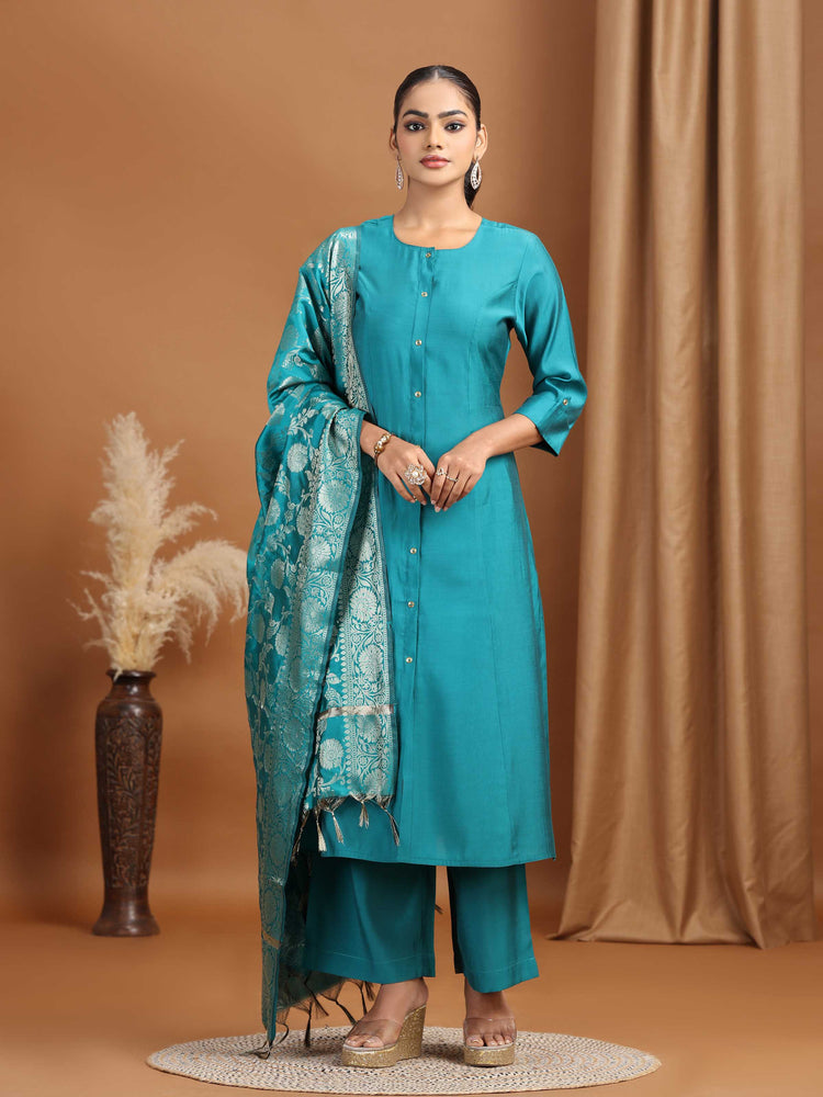 Teal Solid Straight Kurta With Pant Dupatta Ethnic Set
