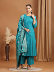Teal Solid Straight Kurta With Pant Dupatta Ethnic Set