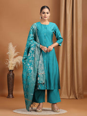 Teal Solid Straight Kurta With Pant Dupatta Ethnic Set