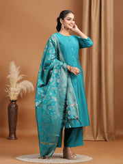 Teal Solid Straight Kurta With Pant Dupatta Ethnic Set