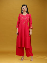 Rani Pink Embroidered Pure Cotton Kurta Palazzo Co-Ord Set