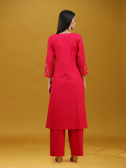Rani Pink Embroidered Pure Cotton Kurta Palazzo Co-Ord Set