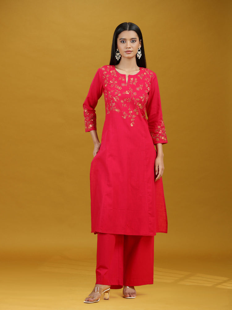 Rani Pink Embroidered Pure Cotton Kurta Palazzo Co-Ord Set