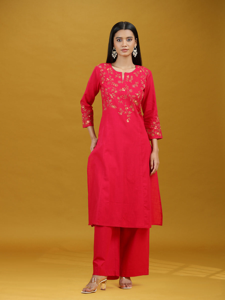 Rani Pink Embroidered Pure Cotton Kurta Palazzo Co-Ord Set