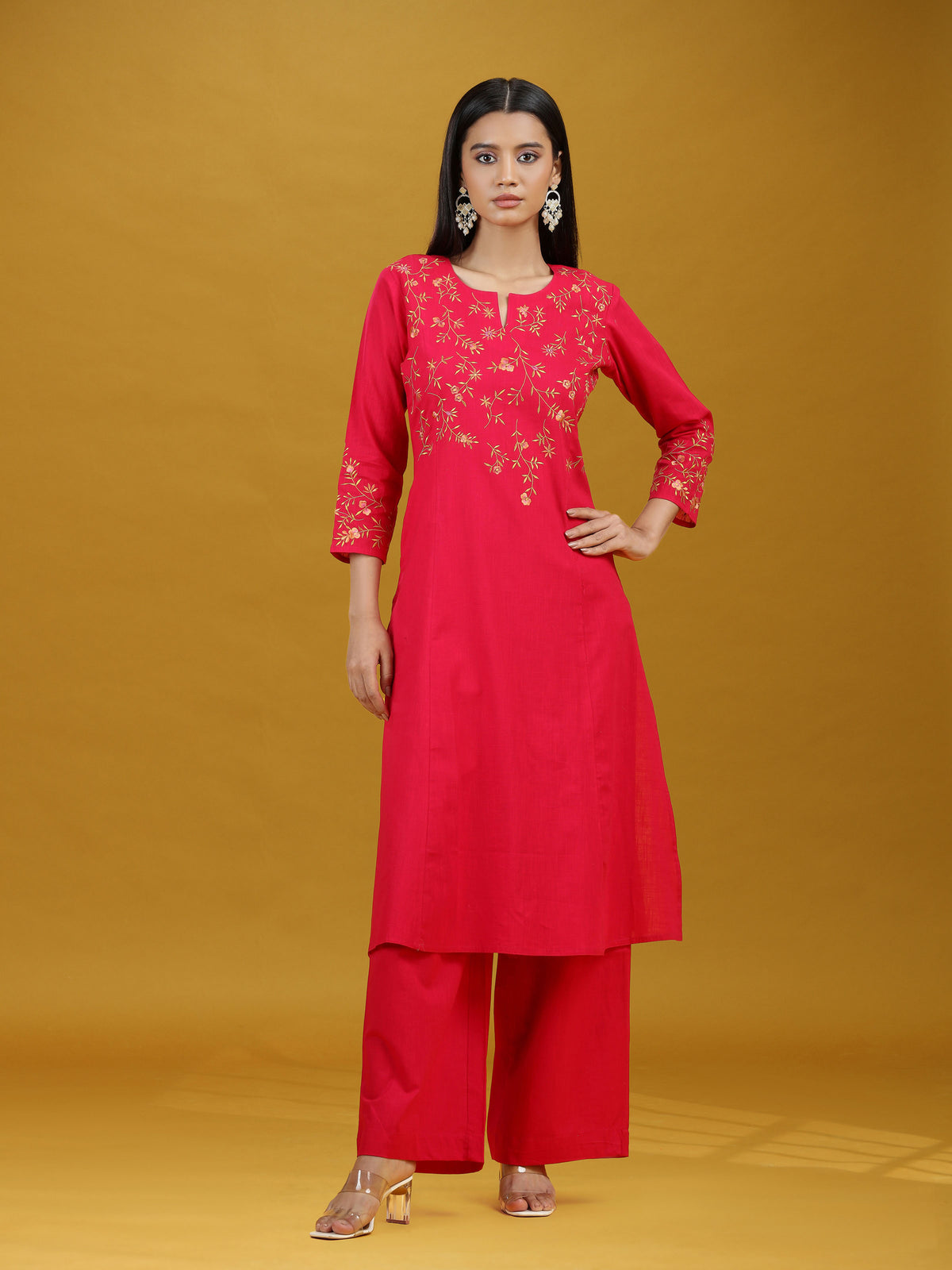Rani Pink Embroidered Pure Cotton Kurta Palazzo Co-Ord Set