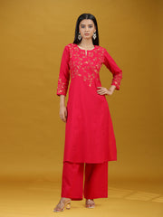 Rani Pink Embroidered Pure Cotton Kurta Palazzo Co-Ord Set
