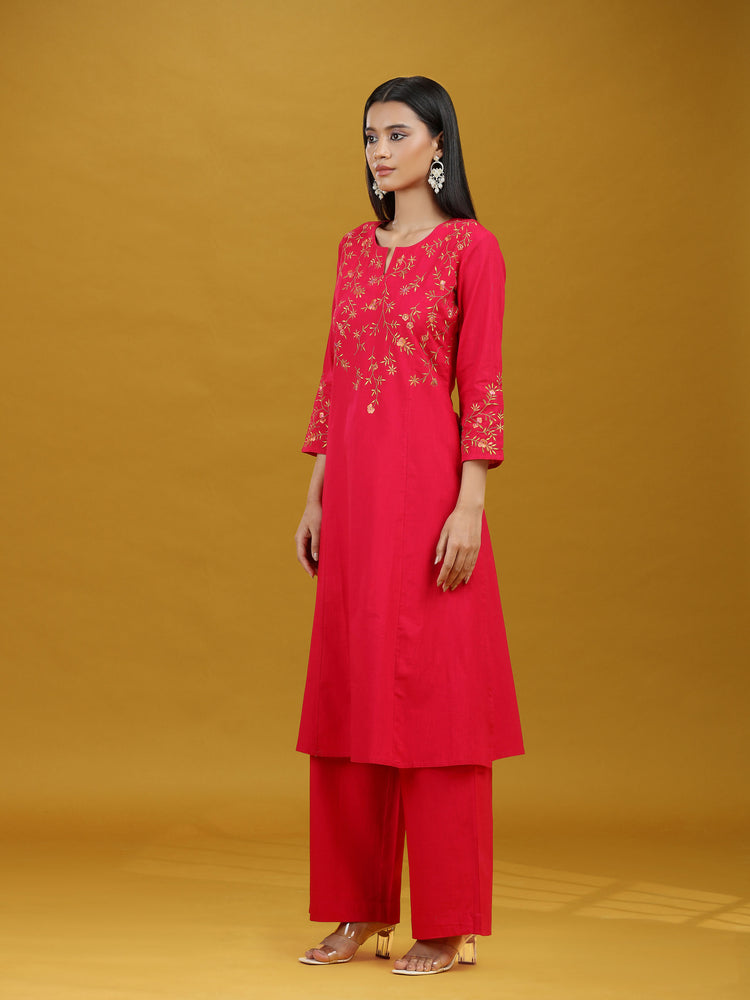 Rani Pink Embroidered Pure Cotton Kurta Palazzo Co-Ord Set