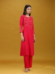Rani Pink Embroidered Pure Cotton Kurta Palazzo Co-Ord Set