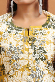 Olive Green Flax Cotton Straight Embroidered Kurta Pants and Dupatta Set for women / girl