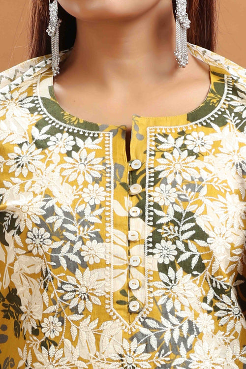 Olive Green Flax Cotton Straight Embroidered Kurta Pants and Dupatta Set for women / girl