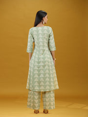 Off White & Green Geometric Printed Pure Cotton Kurta Pant Co-ord Set