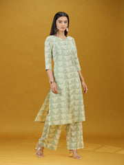 Off White & Green Geometric Printed Pure Cotton Kurta Pant Co-ord Set