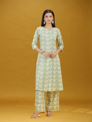 Off White & Green Geometric Printed Pure Cotton Kurta Pant Co-ord Set