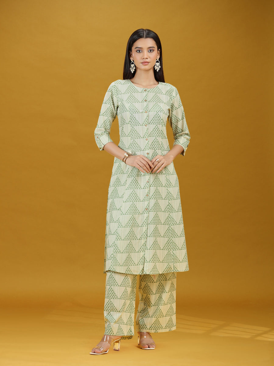 Off White & Green Geometric Printed Pure Cotton Kurta Pant Co-ord Set
