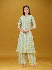 Off White & Green Geometric Printed Pure Cotton Kurta Pant Co-ord Set