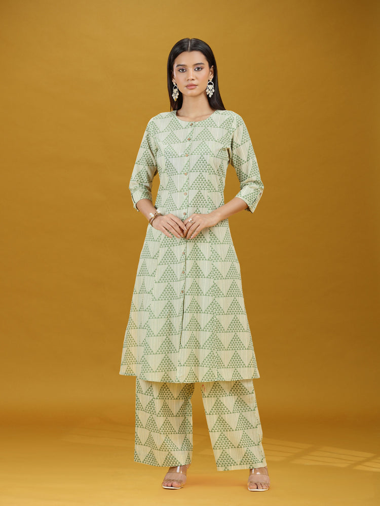 Off White & Green Geometric Printed Pure Cotton Kurta Pant Co-ord Set