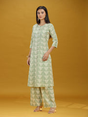 Off White & Green Geometric Printed Pure Cotton Kurta Pant Co-ord Set