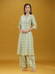 Off White & Green Geometric Printed Pure Cotton Kurta Pant Co-ord Set