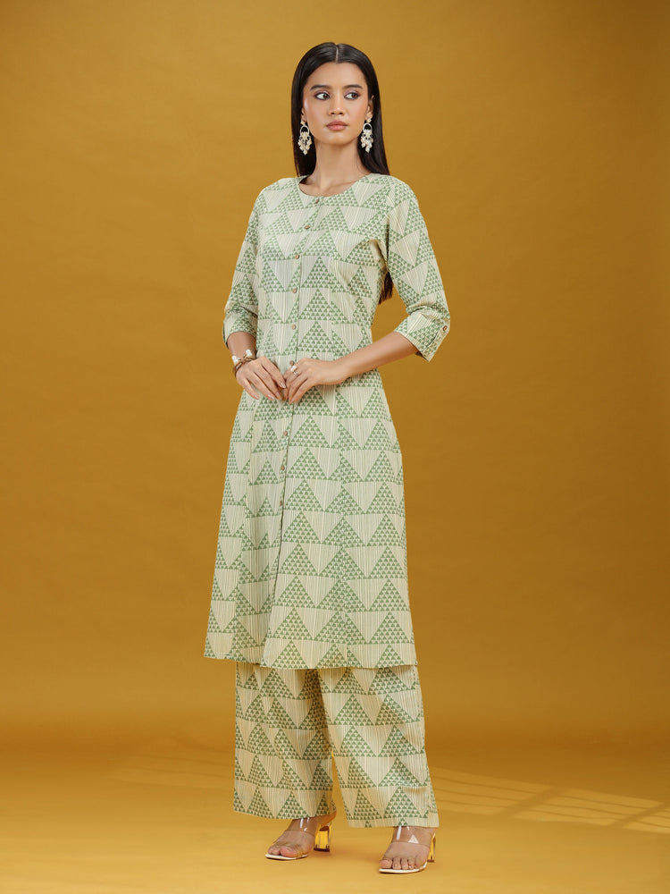 Off White & Green Geometric Printed Pure Cotton Kurta Pant Co-ord Set