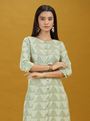 Off White & Green Geometric Printed Pure Cotton Kurta Pant Co-ord Set