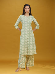 Off White & Green Geometric Printed Pure Cotton Kurta Pant Co-ord Set