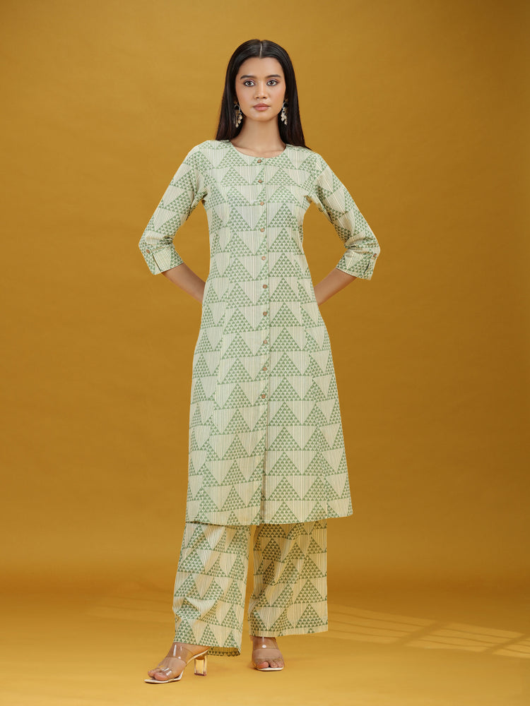 Off White & Green Geometric Printed Pure Cotton Kurta Pant Co-ord Set