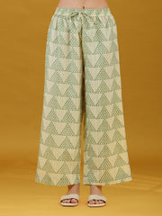 Off White & Green Geometric Printed Pure Cotton Kurta Pant Co-ord Set
