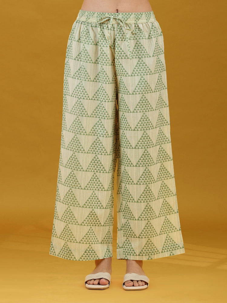 Off White & Green Geometric Printed Pure Cotton Kurta Pant Co-ord Set