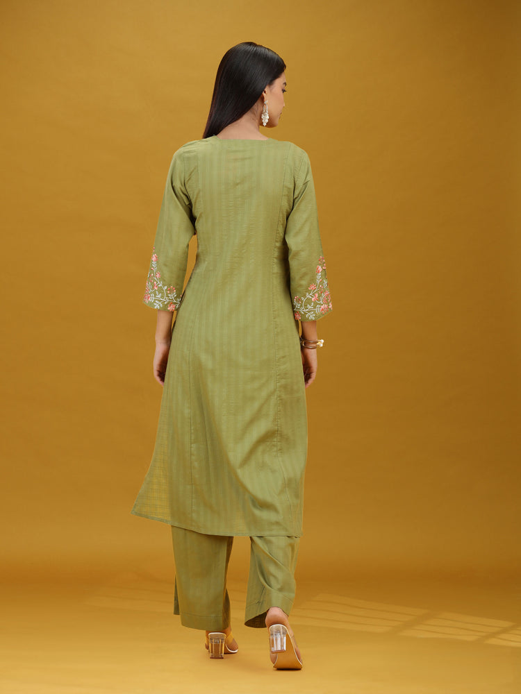 Pista Green Embroidered Pure Cotton Kurta Palazzo Co-Ord Set