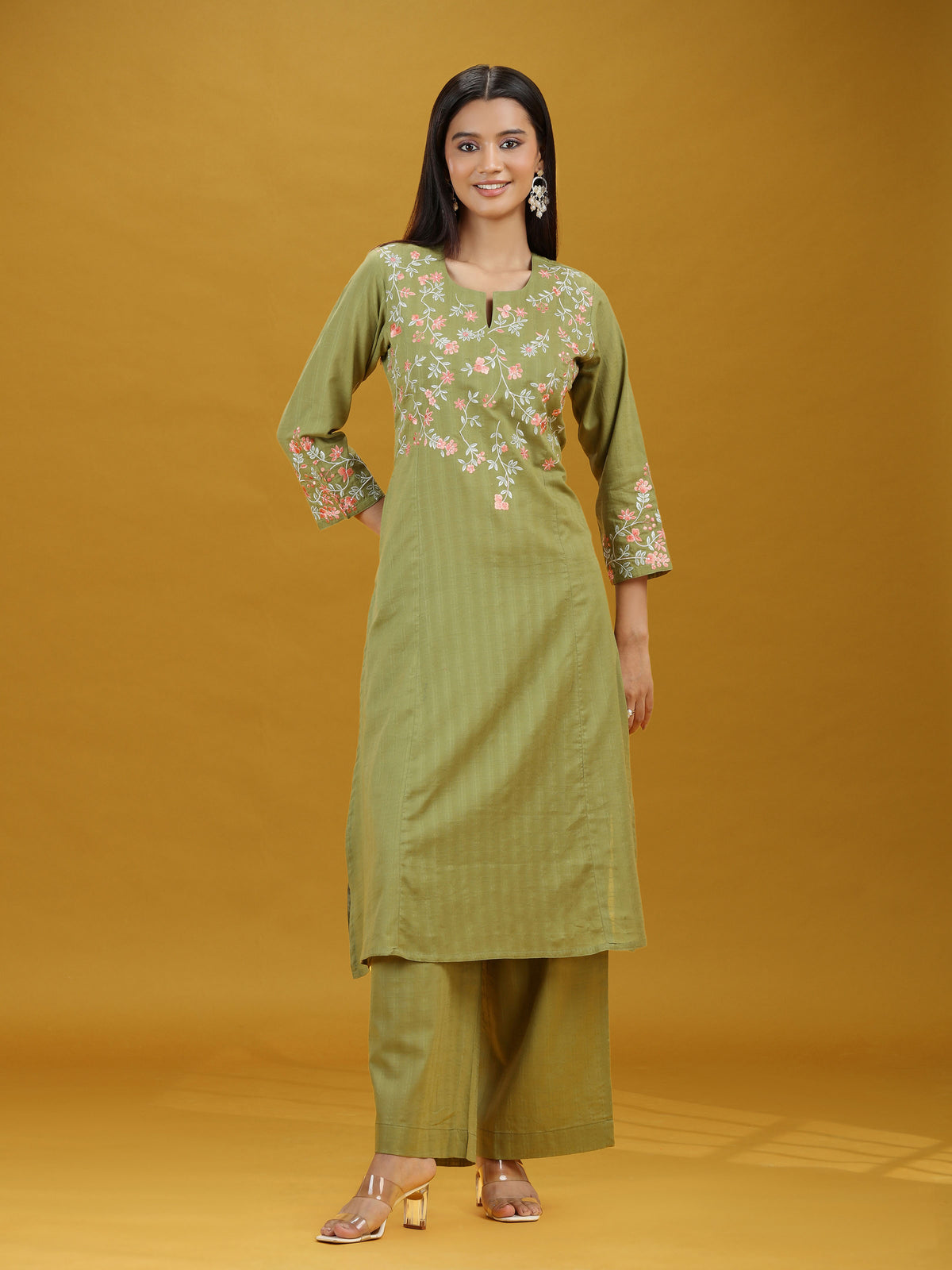 Pista Green Embroidered Pure Cotton Kurta Palazzo Co-Ord Set