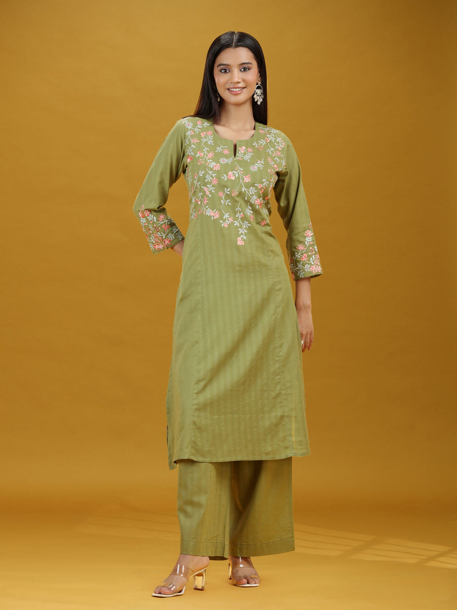 Pista Green Embroidered Pure Cotton Kurta Palazzo Co-Ord Set