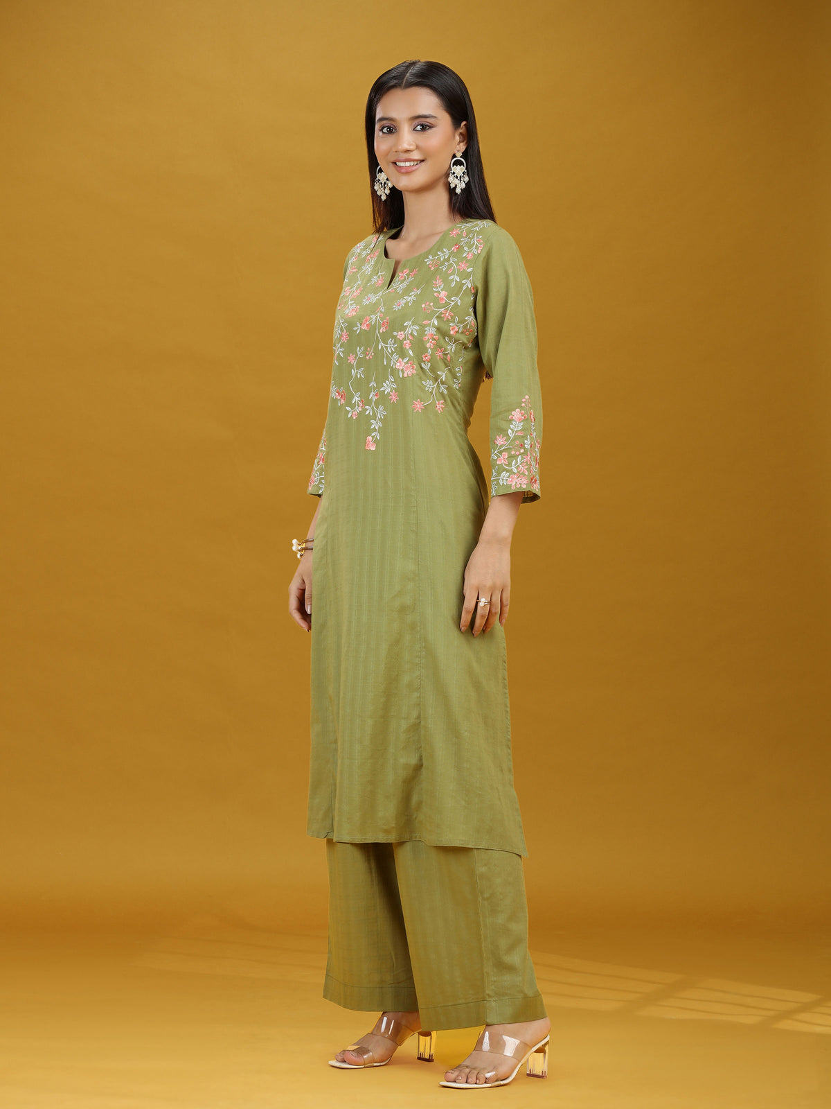 Pista Green Embroidered Pure Cotton Kurta Palazzo Co-Ord Set
