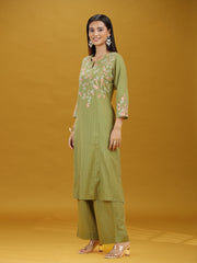 Pista Green Embroidered Pure Cotton Kurta Palazzo Co-Ord Set