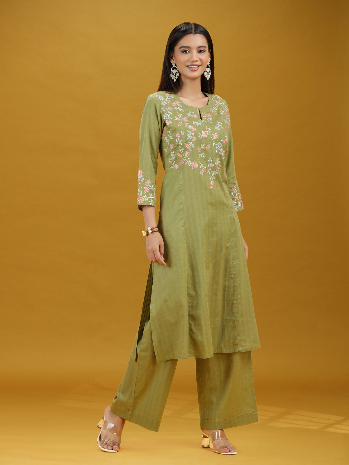 Pista Green Embroidered Pure Cotton Kurta Palazzo Co-Ord Set