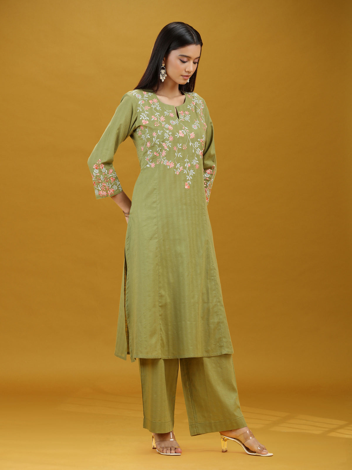 Pista Green Embroidered Pure Cotton Kurta Palazzo Co-Ord Set