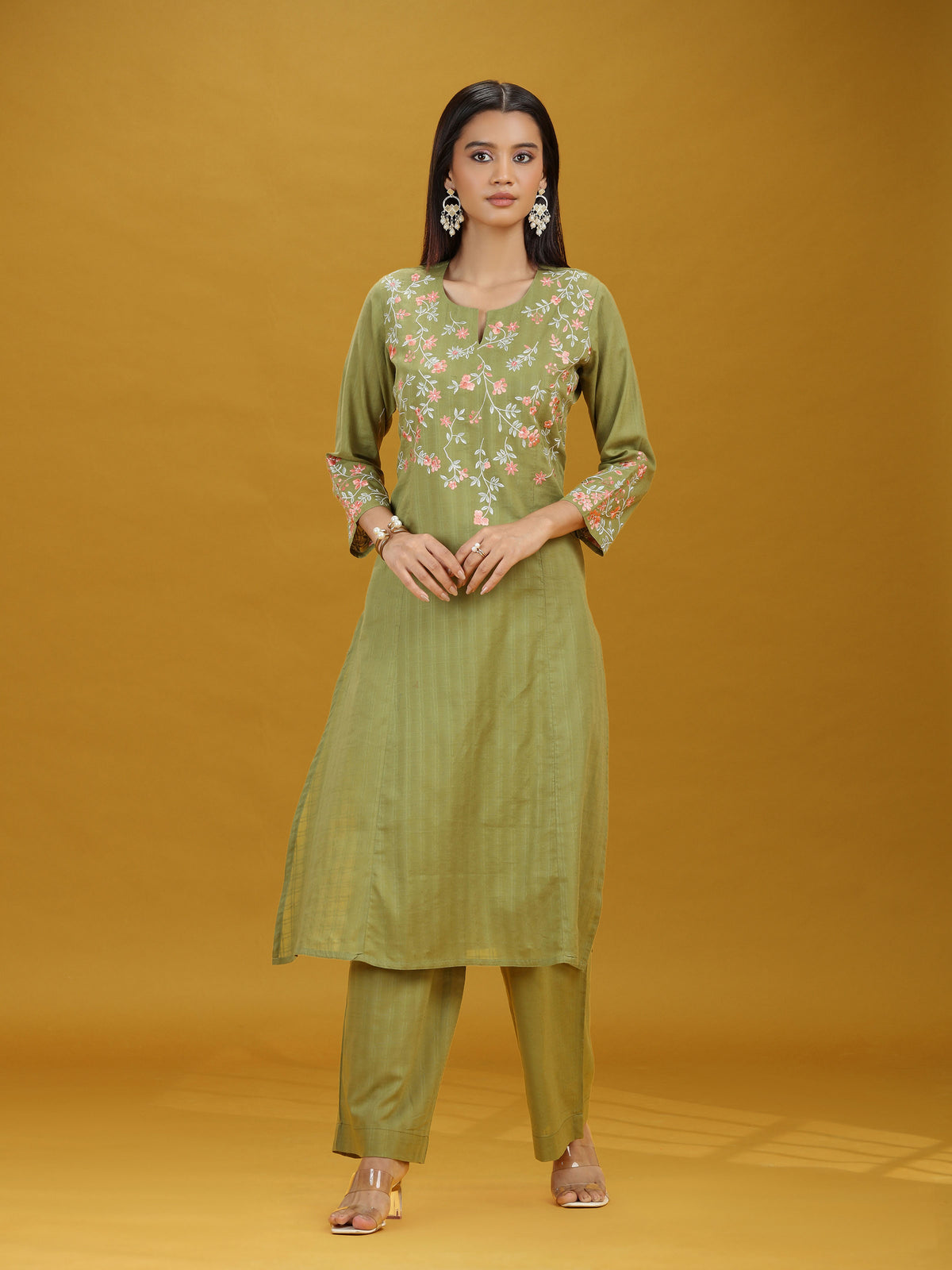 Pista Green Embroidered Pure Cotton Kurta Palazzo Co-Ord Set