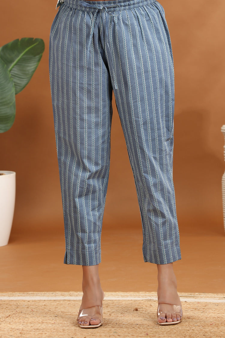 Sky Blue & Off White Jaipuri Cotton A Line Printed Kurta Pants and Dupatta Set for women / girl