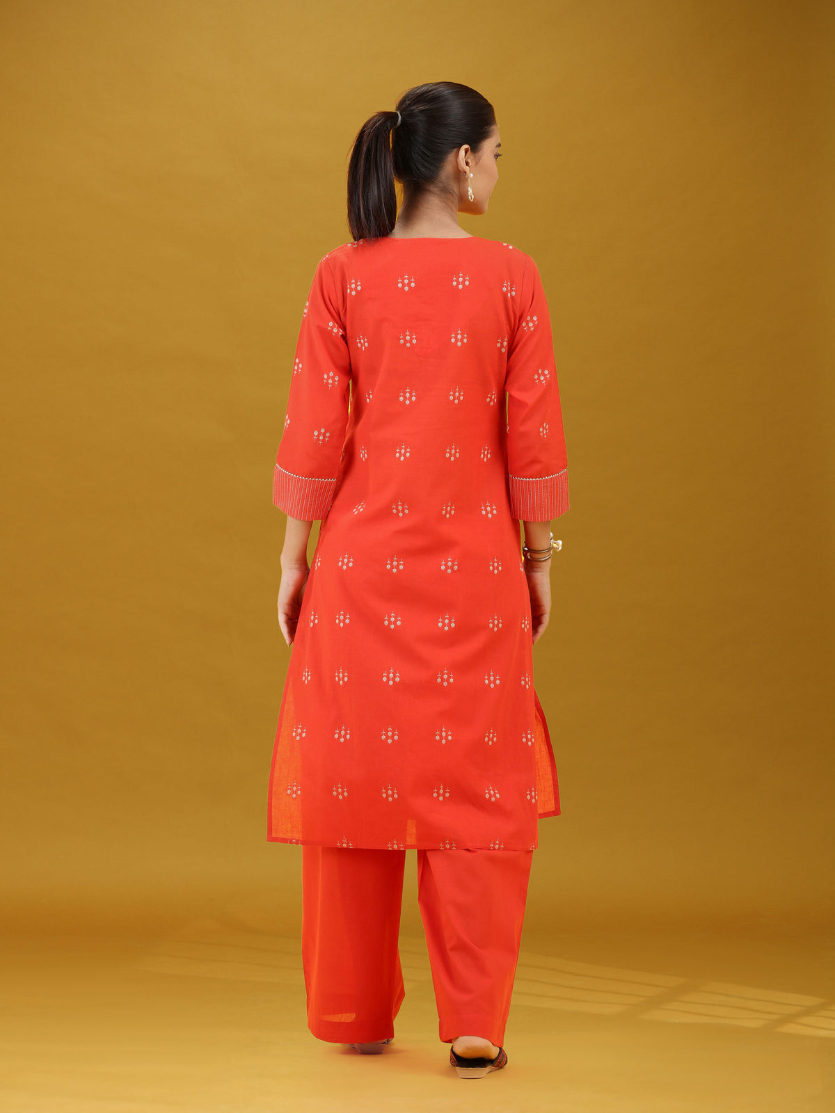 Orange Printed Pure Cotton Straight Kurta & Wide Leg Pants Co-Ord Set