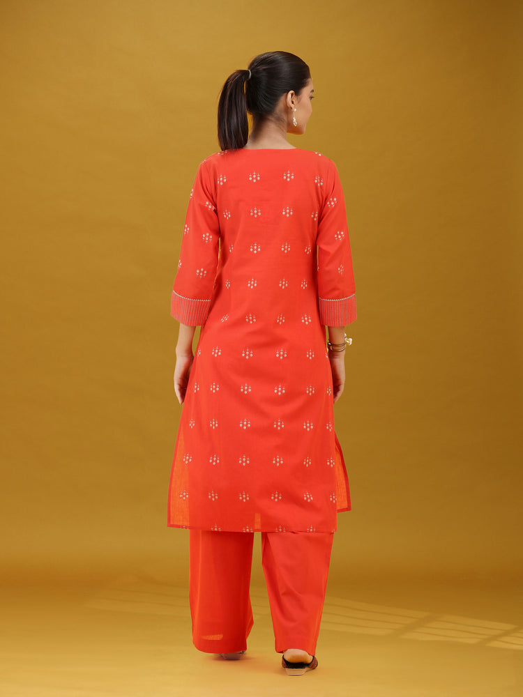 Orange Printed Pure Cotton Straight Kurta & Wide Leg Pants Co-Ord Set